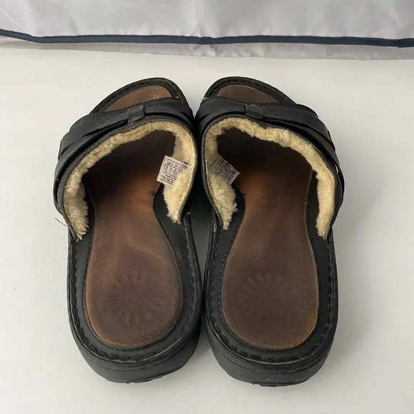 UGG Wainscott Black Leather Cross Strap Luxury Sandal Slides Mens Size 12 - Picture 5 of 10